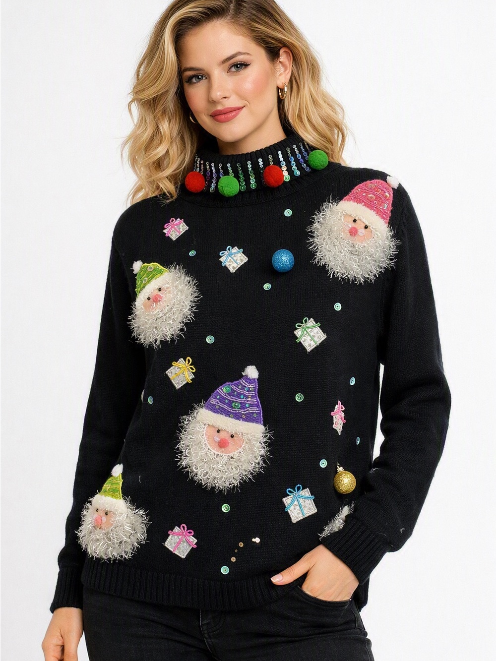 Samantha Coral Cotton Holiday Sweater Festive Black Santa Pom-Pom Christmas Top